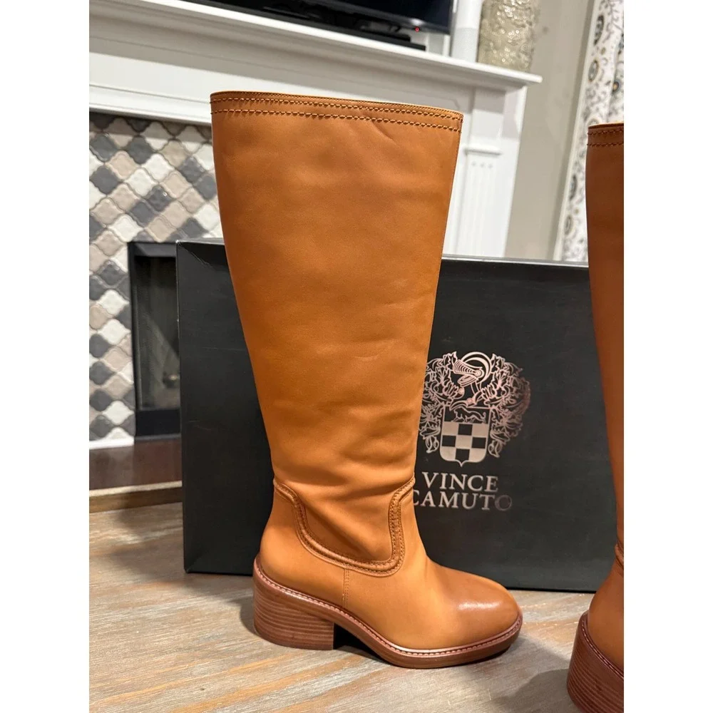 Vince Camuto‎ Vuliann Knee-High Boot Burnished Leather Walnut Quiet Luxury  7.5